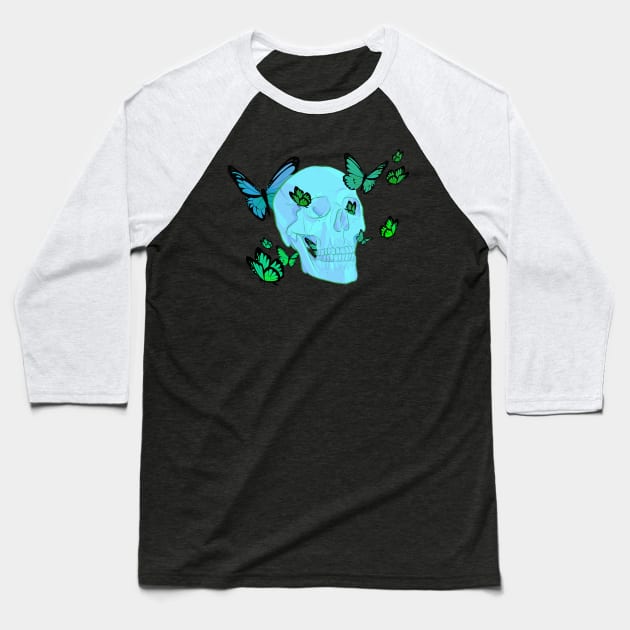 blue butterfly skull Baseball T-Shirt by acatalepsys 